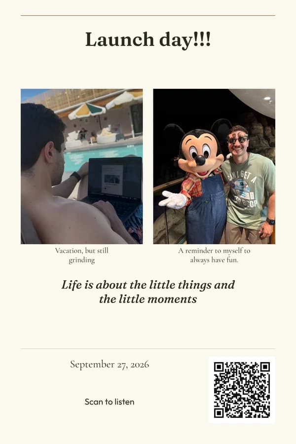 Launch-day keepsake card with two photos and a listening QR code.