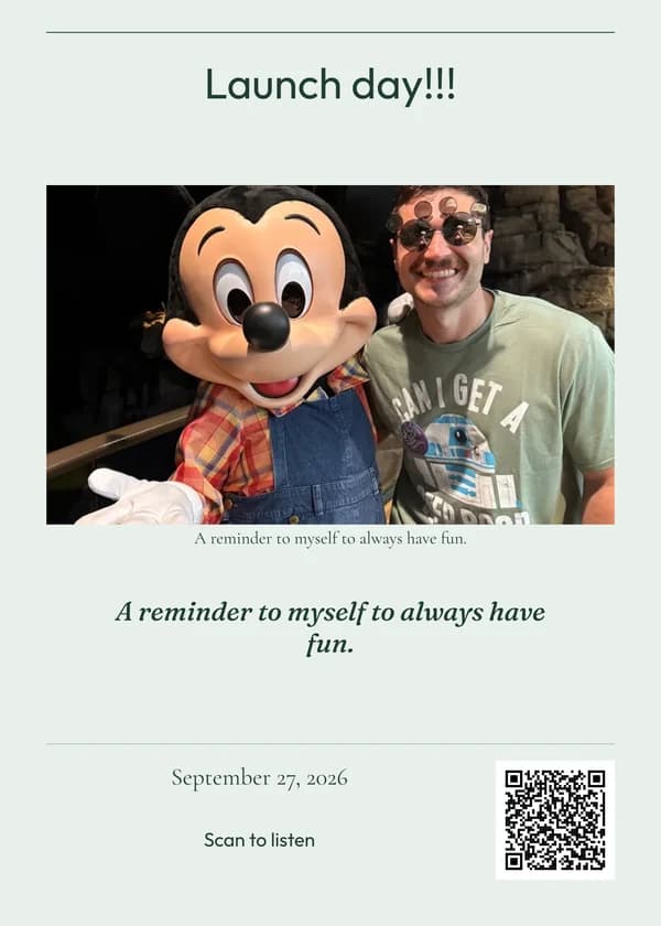 Green photo print featuring the launch-day photograph with Mickey Mouse.