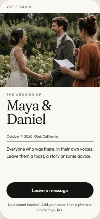The actual Group guest welcome page for the illustrative Maya and Daniel wedding demo, with its photo and Leave a message button.