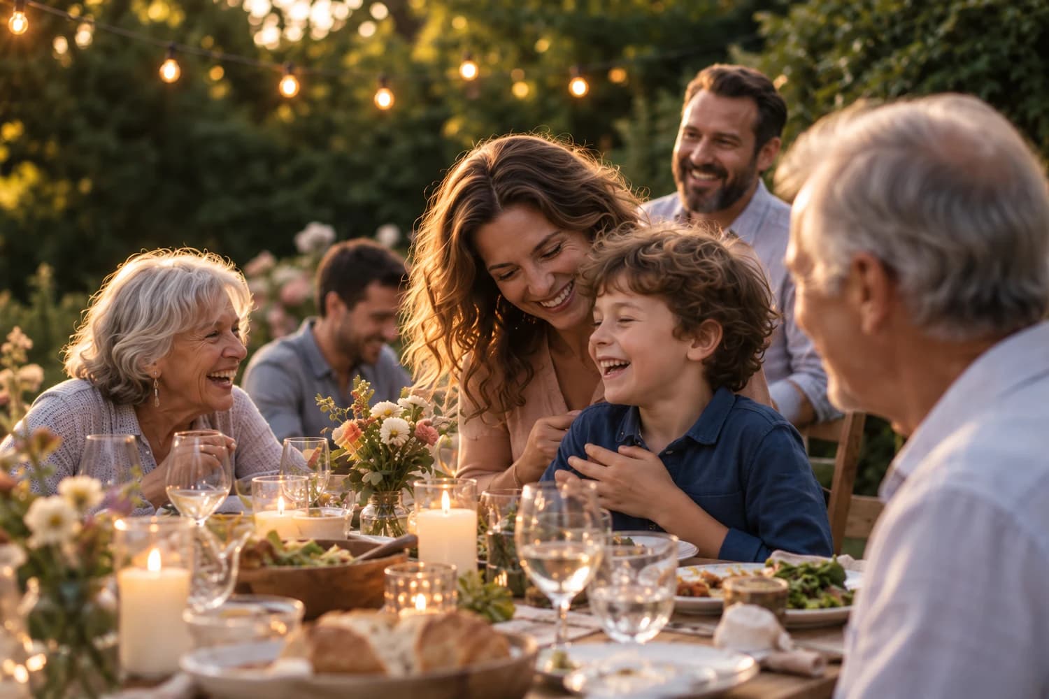 Illustrative photograph of grandparents and their family laughing around a garden table.