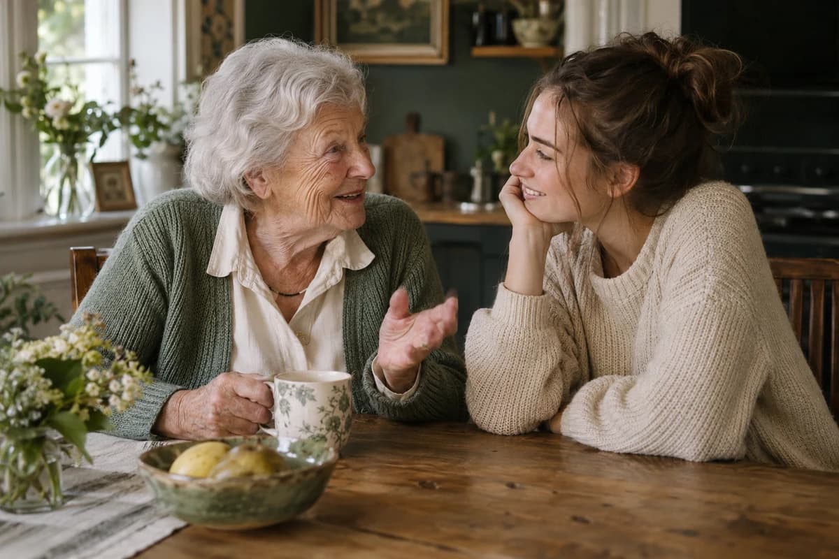 Illustrative photograph of a grandmother sharing a story with her adult granddaughter.