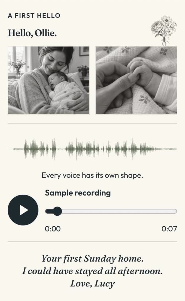 The real Hello, Ollie example page, with two photos, engraved bouquet, waveform and audio player.