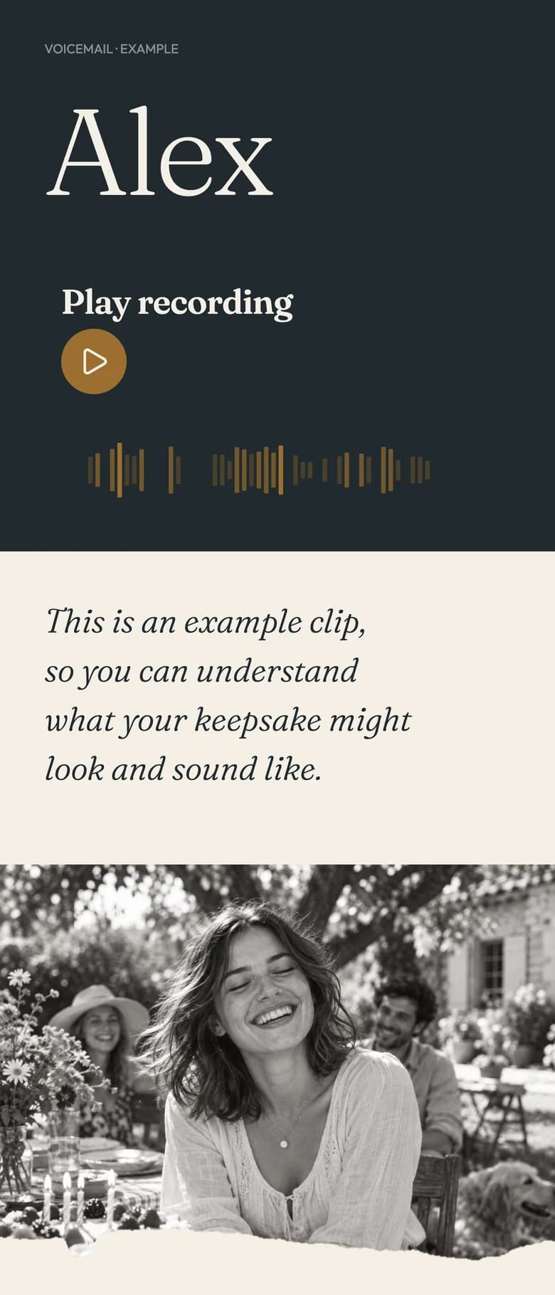 The finished Alex example page with its voice player, spoken words and illustrative photo.