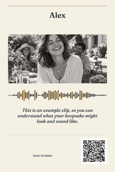 Matching Alex card, rendered by the print kit with the same photo, message, waveform and a QR code that opens the example page.