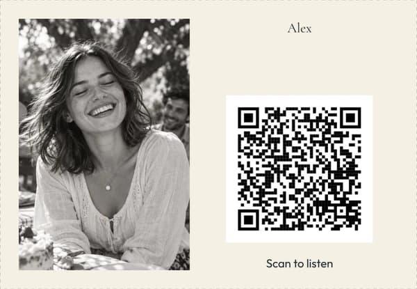 Matching Alex gift tag with the same illustrative photo and QR code for the example page.