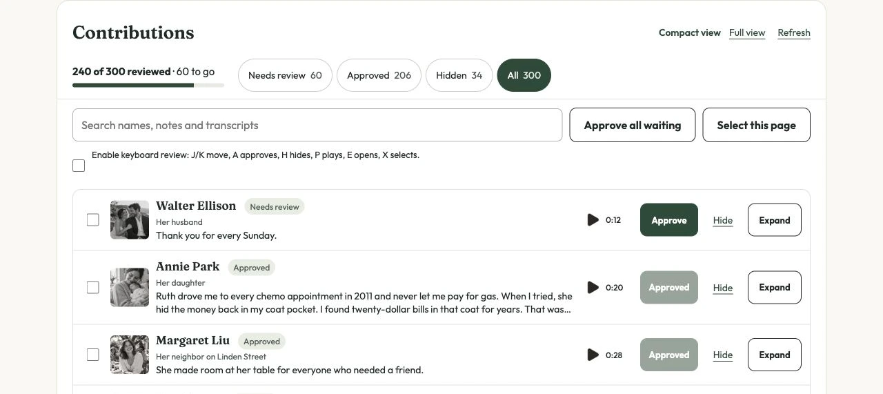 The real organizer view with approved and hidden memories, search and order controls.
