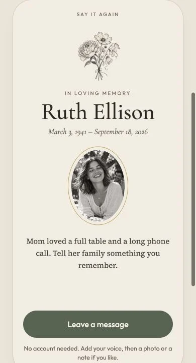 The real guest page for Ruth Ellison on a phone, with the Leave a message button.