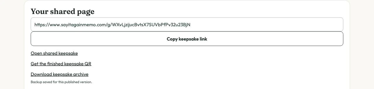 The published book’s sharing panel with its Download keepsake archive control.