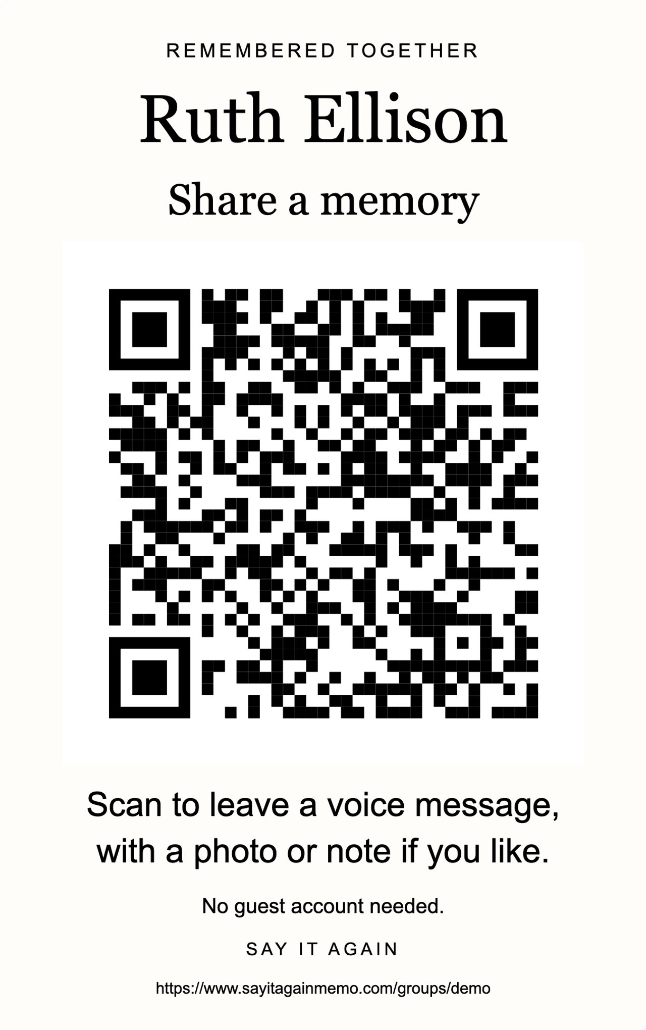 Ruth Ellison's printable invitation sign; the QR opens the guest demo.