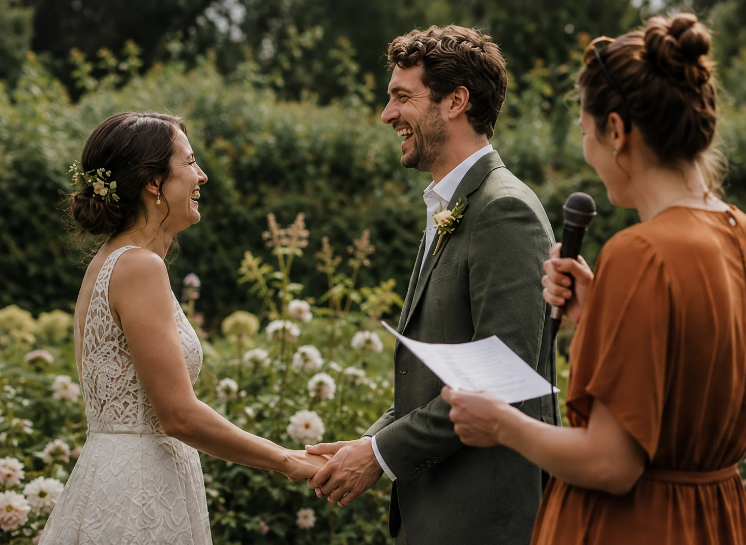 An illustrated garden wedding: a couple laughing as a friend gives a toast.