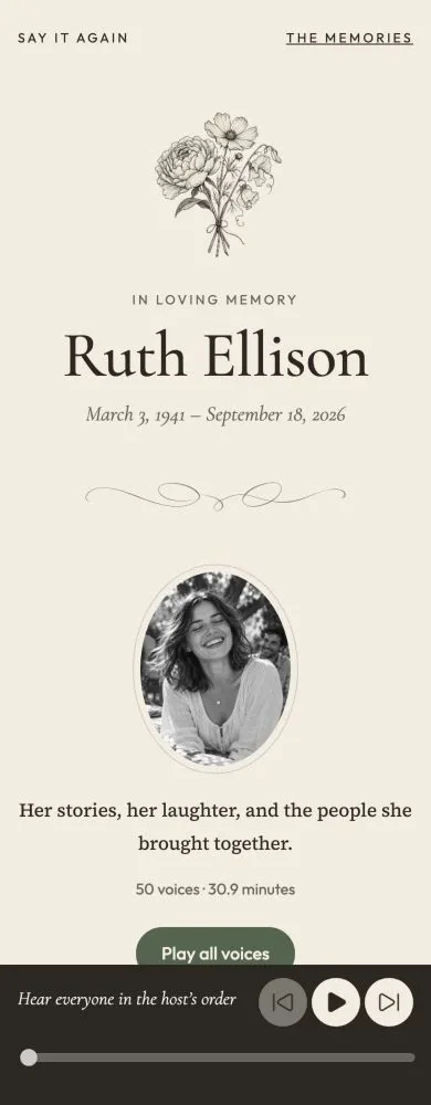 The published book for Ruth Ellison on a phone, with her photo, a Play all voices button and a player bar.