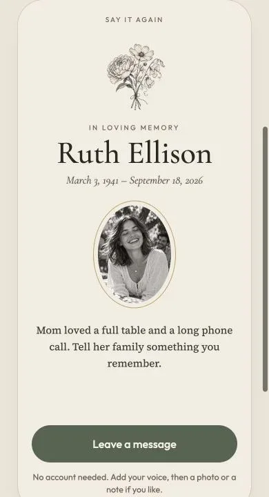 The guest page on a phone: Ruth Ellison's name, dates and photo, a welcome from her family and a Leave a message button.