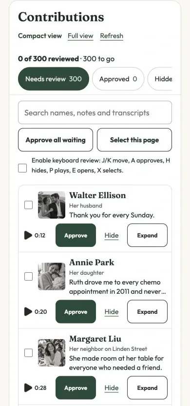 The organizer's review list on a phone: 0 of 300 reviewed, a search box, and messages with Approve, Hide and Expand buttons.