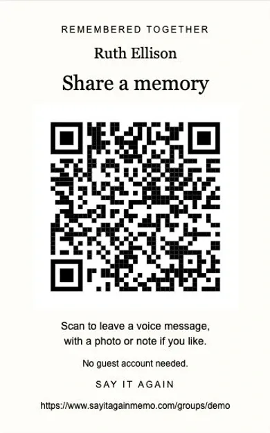 A printable sign for Ruth Ellison that says Share a memory, with a QR code and the line Scan to leave a voice message, with a photo or note if you like.