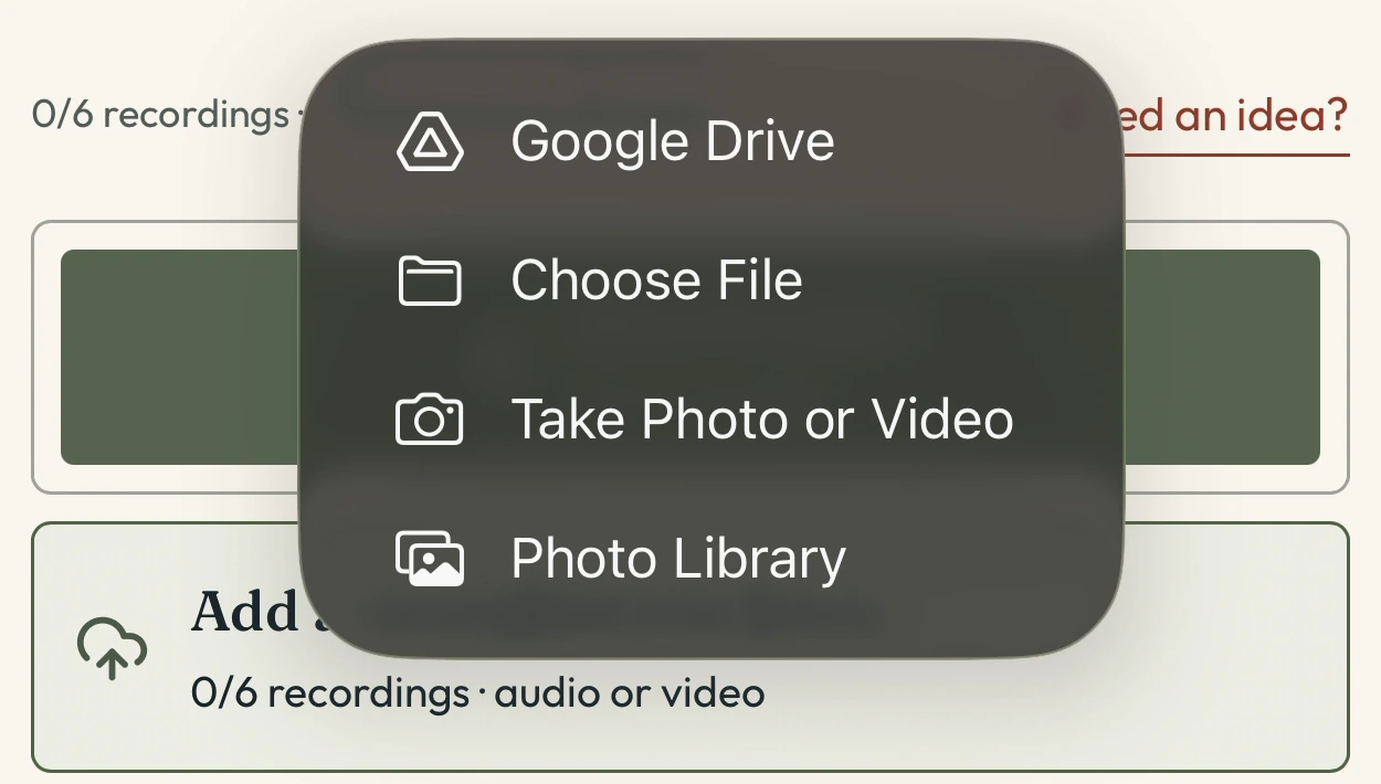 The iPhone upload menu in Say it Again, with Choose File available for selecting a saved voicemail.