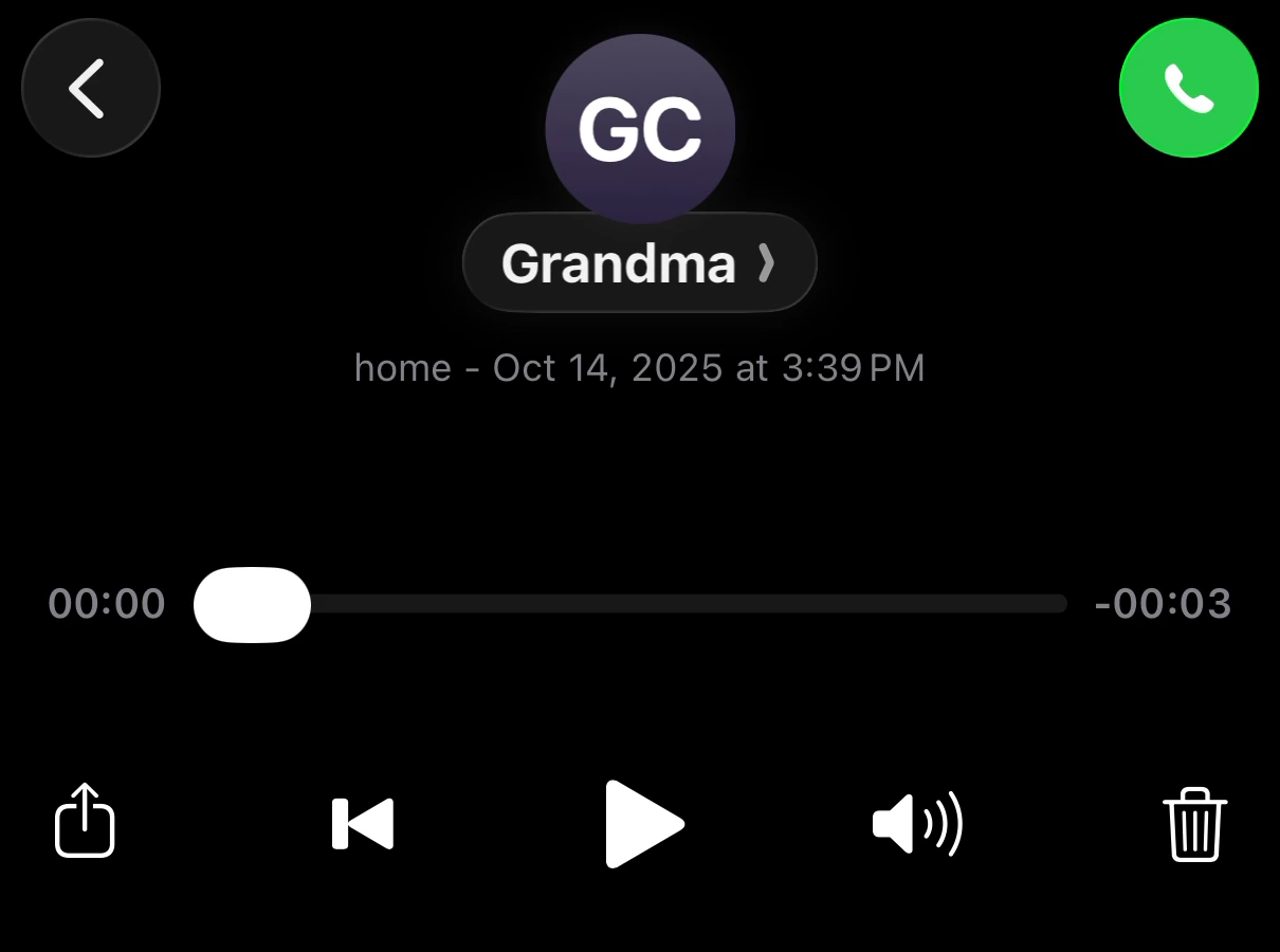 An iPhone voicemail named Grandma, with the Share button at the lower left of the player.